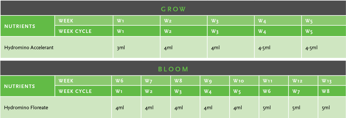 Hydromino Accelerant Usage Guide Table